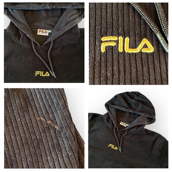 Fila Womens Y2K 00s Hoodie Velvet Ribbed Gold Embroidery Pull Over Black - Picture 6 of 14